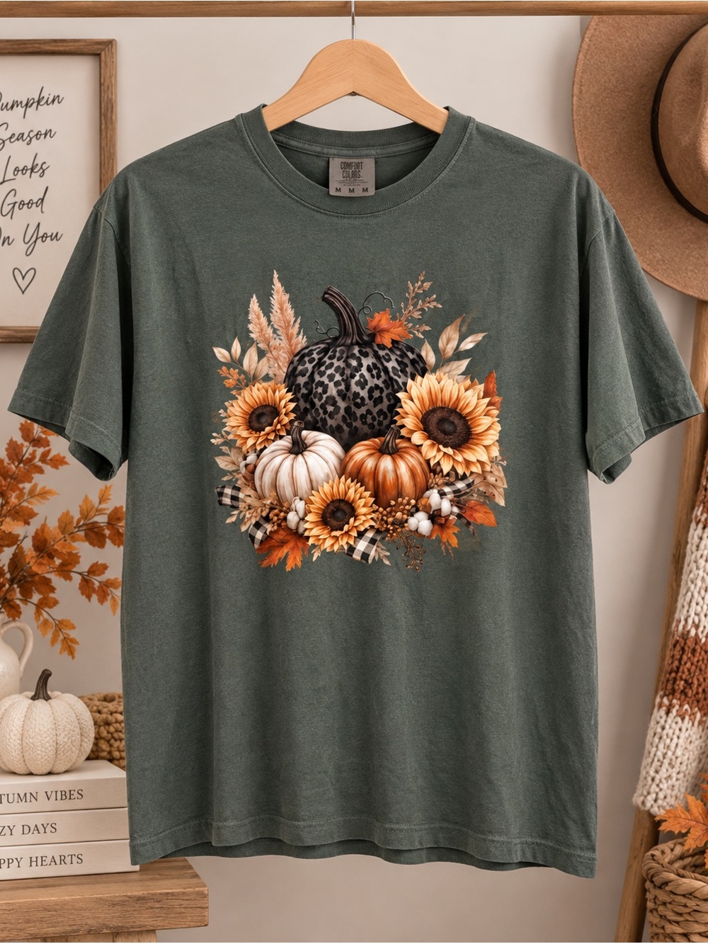 Comfort Colors Olive Graphic Tee with Pumpkin & Sunflower Bouquet shirt p